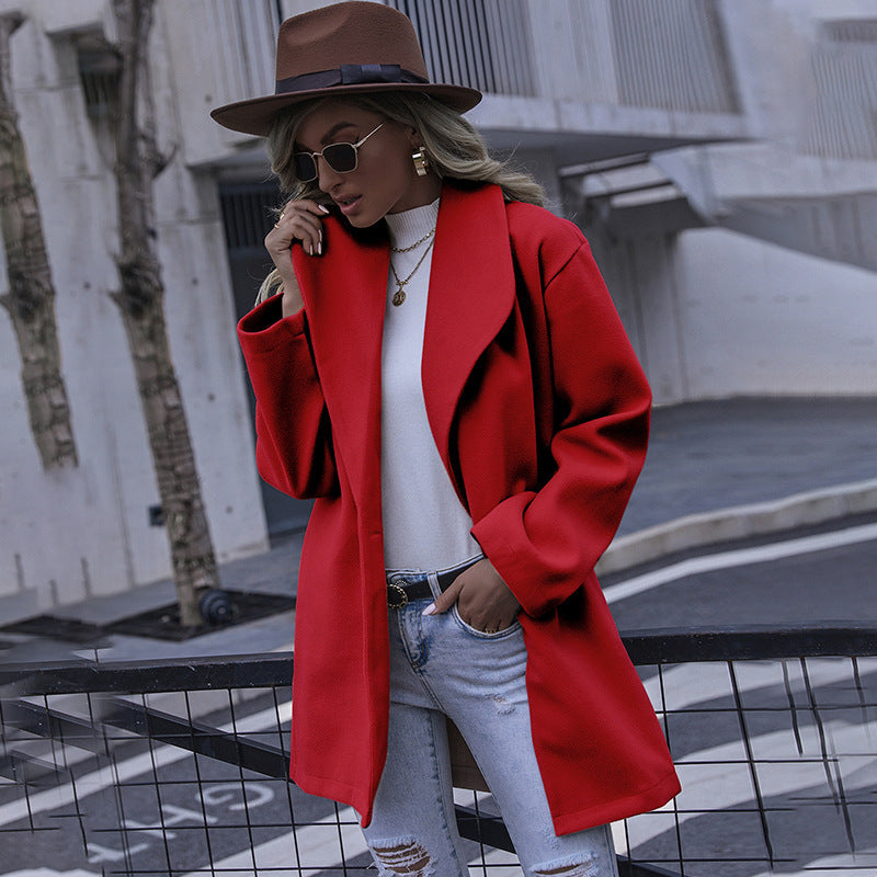 Women's Fashionable Hooded Mid-length Woolen Coat